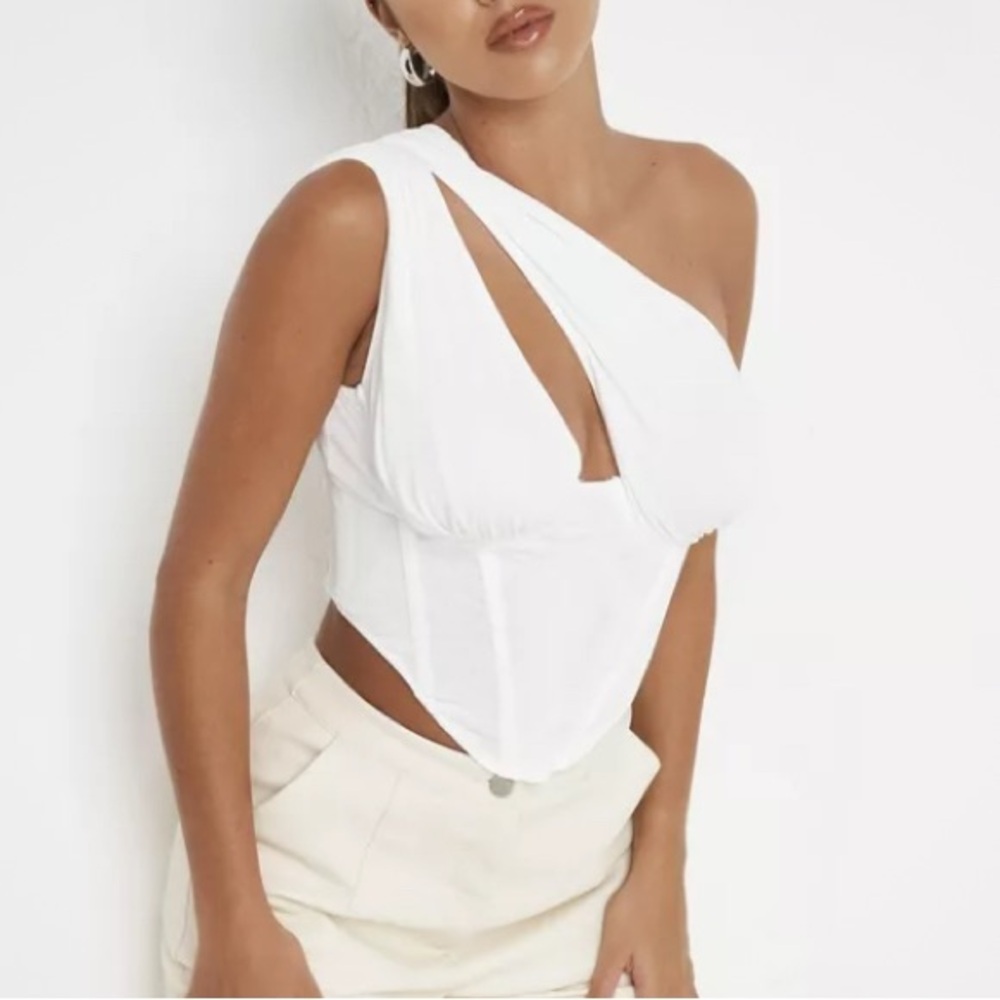 Cream Faux leather one shoulder corset